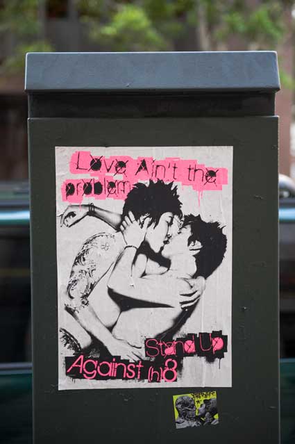 No on Prop 8 poster affixed to a sidewalk box on Montgomery Street in San Francisco.